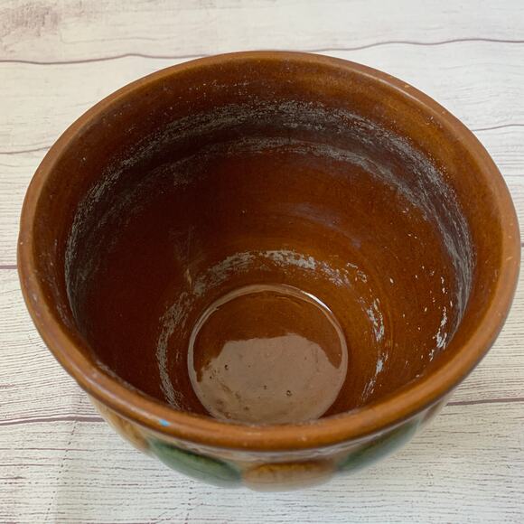 Antique Brown Green Striped Pottery Planter Majolica Glaze Floral Medallions - Picture 5 of 16